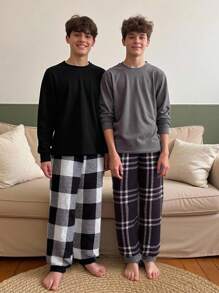 4 件套男童睡衣套装，长袖上衣，撞色袖口和条纹下装，舒适睡衣，设计简洁百搭（单独出售 2 套）男童休闲套装，返校时尚青少年男童睡衣套装