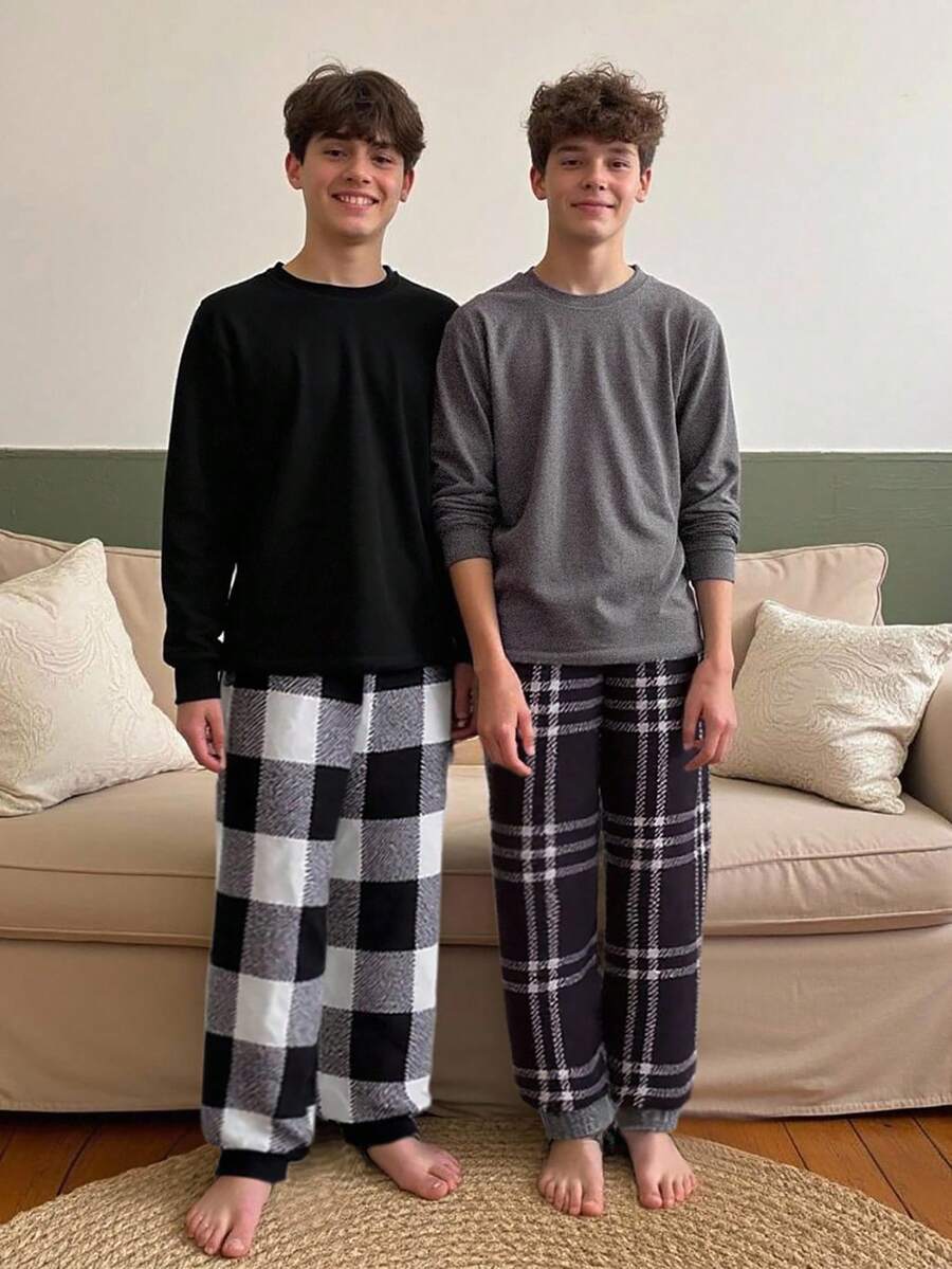 4 件套男童睡衣套装，长袖上衣，撞色袖口和条纹下装，舒适睡衣，设计简洁百搭（单独出售 2 套）男童休闲套装，返校时尚青少年男童睡衣套装