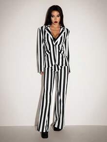 SHEIN ICON Women's Halloween Goth Style Black & White Striped Fitted Blazer Jacket And Flared Pants Suit, Autumn/Winter,Fall Tall Two Pieces Set Striped Two Pieces Set 2 Pieces Pant Sets Woman Black And White - Black and White - View 6