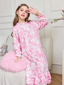 女童可爱荷叶边领口粉色心形印花甜美长袖睡袍 - 粉色 - 查看 3