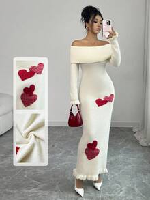 Selianne Autumn/Winter New Off Shoulder Ruffle Heart Intersect Knitted Slim Fit Long Sweater Dress For Women - Apricot - View 1