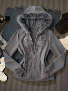 SHEIN Teen Girls Rhinestone & Faux Fur Collar Printed Vintage Collegiate Sweatshirt Jacket