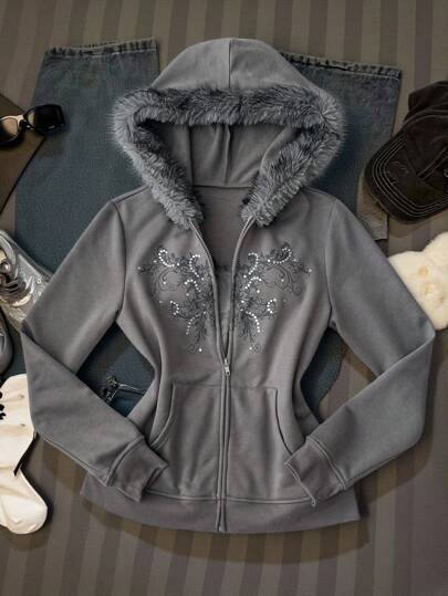 Comfortcana 灰色卫衣，万圣节哥特风女款，镶钻仿毛领，拉链设计，适合秋季穿着。