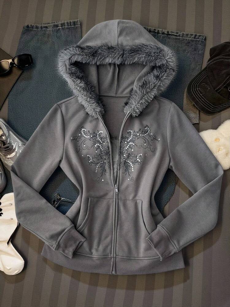 SHEIN EZwear Sweat-shirt à capuche avec col en strass et fausse fourrure pour femmes