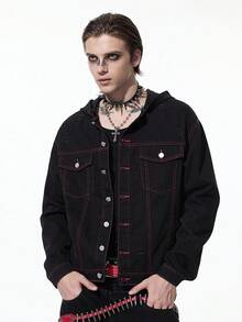 ROMWE MEN Grunge Punk Men's Dark Casual Style Front Button Long Sleeve Cross Denim Jacket Halloween - Black - View 1
