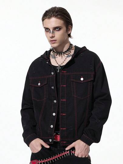 Goth Veste en jean à manches longues style casual sombre avec boutons devant pour hommes