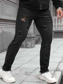 Manfinity Homme Men's Casual Solid Color Distressed Slim Fit Denim Jeans Ripped Black Jeans Boyfriend & Husband Regular Washed For Slim-Fit - Black - View 5