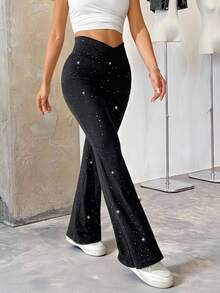 SHEIN EZwear High Waist Flared Shiny Stretchy Knit Black Long Flare Pants, Suitable For Vacation, Outing, Date, Party, Casual Daily Wear, Plus Size - Black - View 6