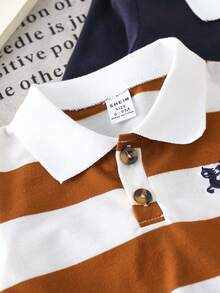 SHEIN 2 件装男婴休闲条纹撞色 Polo 领长袖 T 恤，适合所有季节，春秋季，适合户外玩耍或日常穿着 - 寶藍色 - 查看 6