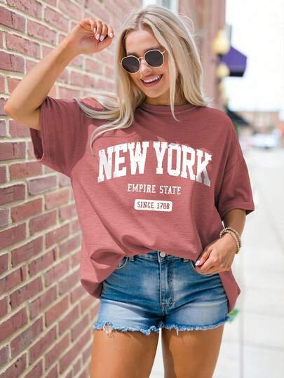 EMERY ROSE Plus Size Women's Casual New York Letter Print Loose Fit Mid-Length Short Sleeve Round Neck T-Shirt