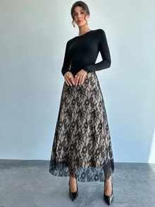 Firerie Women's Elegant Black Floral Lace Patchwork Long Sleeve A-Line Dress For Autumn Dining,Refined Fashion Party Christmas New Year - Black - View 3