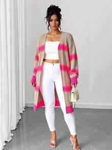 Elenzga Áo khoác cardigan dáng rộng Colorblock thả vai, cho mùa đông - Nhiều màu - Xem 1