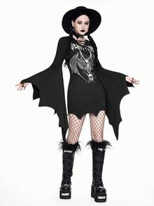 ROMWE Goth Rochie de Halloween cu imprimeu floral, stil gotic, culoare solidă, casual, la modă, cu mâneci evazate, decolteu în V, cu nod, model aripi de liliac, mulată, pentru femei - Negru - Vizualizare 8