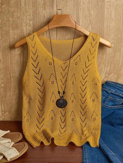 Franclia Women's Casual Solid Color Sleeveless Hollow-Out Knit Top, Summer