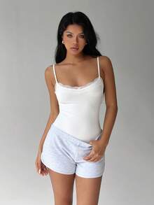 FavEase Black Lace Trim V-Neck Camisole Backless Bodysuit, Fashionable Minimalist Casual Elegant Extremely Soft Comfortable Stretchy Women Summer