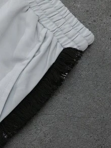 Manfinity Roghcode 男士灰色美式高街元素结合卡通狼脸大嘴魔鬼角大号数码印花连帽衫侧面毛边流苏拼接工艺阔腿裤套装街头潮流四季穿搭适合送给男朋友朋友当礼物秋季穿搭 - 灰色 - 查看 7