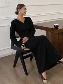 DAZY Vestido elegante de manga larga con cuello en V ajustado y cintura ceñida de unicolor para mujeres, otoño/invierno - Negro - Ver 7