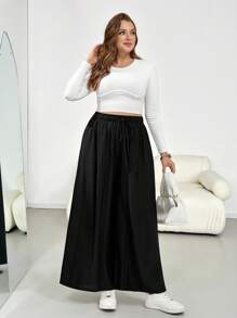 SHEIN Essnce Plus Size Women's Spring And Autumn Fashion Casual Wide, Loose And Comfortable Thin Elastic Waist Black Wide-Leg Pants Skirt Pants,Women Bottom,Baggy Pants,Going Out Outfits,Simple Style,Fall Clothes For Women