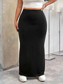 SHEIN EZwear Black Long Pencil Skirt For Plus Size Women, Casual