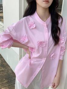 Modelyn Áo cánh trơn màu thanh lịch họa tiết hoa 3D dành cho nữ, Trở lại trường, Trở lại trường, Áo thu, Phụ nữ mùa thu, Mùa thu, Mùa thu - Màu Khaki - Xem 1