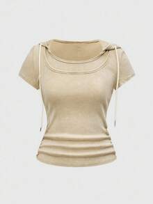 ROMWE Grunge Punk Y2K 涩谷女孩千禧复古做旧水洗雪白色修身连帽T恤女款 - 卡其色 - 查看 1