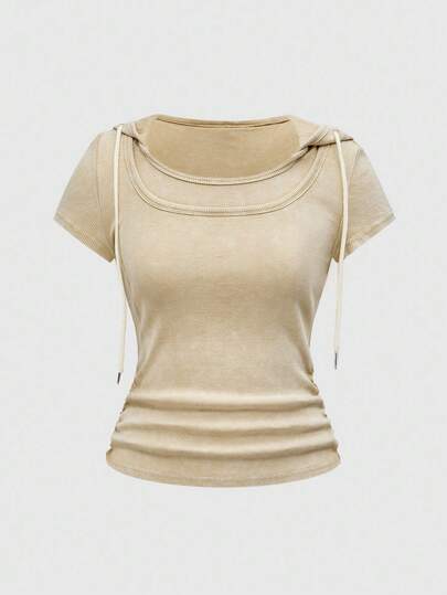 Grunge Punk Y2K Shibuya Girl Millennium Retro Distressed Washed Tie-Dye Fitted Hoodie T-Shirt For Women