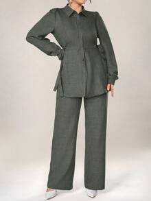 Graceveil Women 2pcs Set Front Button Long Sleeve Casual Blouse And Trousers 2 Pieces Set Modest - Green - View 6