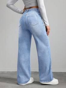 SHEIN ICON Women's Pocket Loose Wide Leg Casual Versatile Denim Pants - Light Wash - View 2