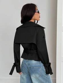 SHEIN PETITE Beige Button-Down Drawstring Trench Coat Women's Black_crop_jacket Women_black_blazer Black_jacket_women Black_belted_jacket Short_black_jacket In Fall/Winter