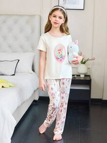 SHEIN Romantic Countryside Bunny Print Knit Short Sleeve & Pants Girls Pajama Set - Multicolor - View 3