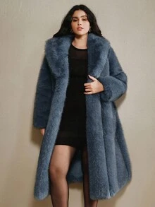Anewsta Plus Size Women Solid Color Long Fluffy Fuzzy Coat