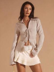 Glamine Veste élégante et minimaliste à manches longues, à l'avant ouvert, avec boutons, cordon de serrage et pompons. Légère et convenant pour le port quotidien et les rassemblements, printemps/automne - Nude - Voir 3