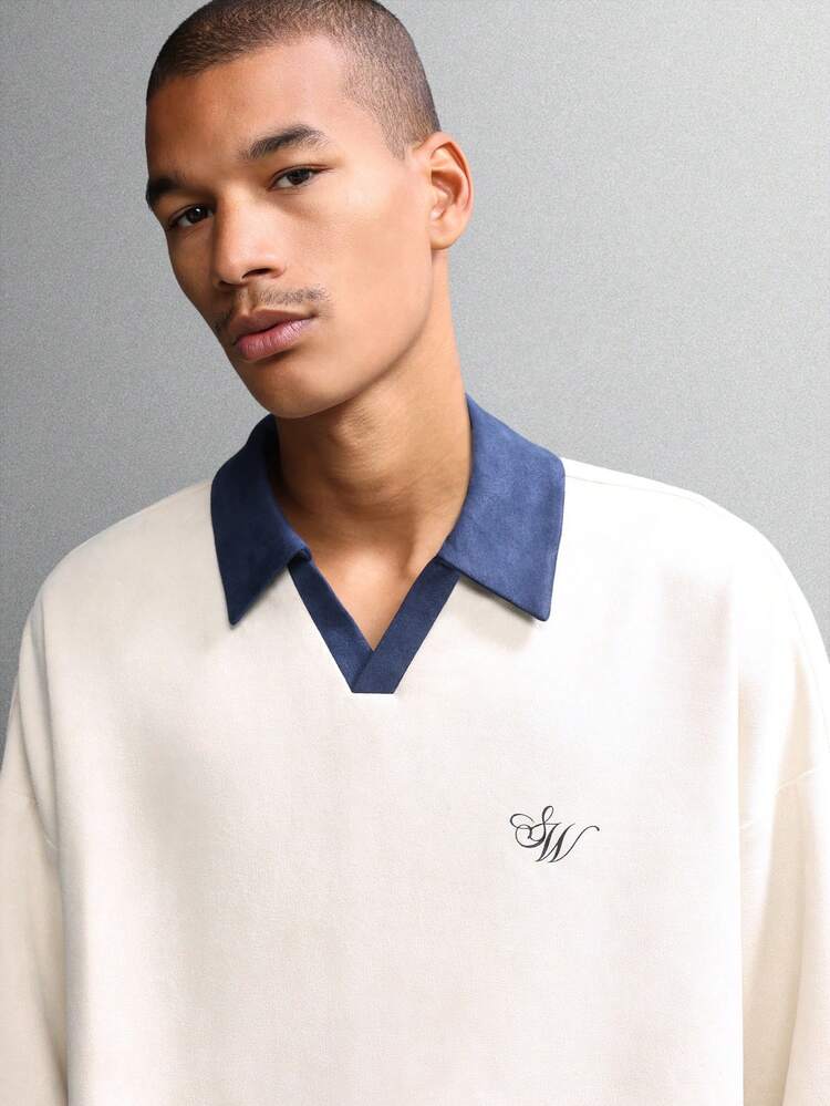 Regular Fit Long Sleeve Suede Polo With Contrast Collar
