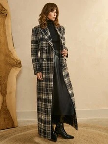 Arave Women's Plaid Material Wide Shoulder X-Shaped Suit Style Double-Breasted Pocket Flap Design Daily Commuting Mid-Length Coat Autumn Women's Business Casual Women's Plaid