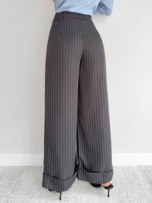 Siren Gaze 女高腰百褶宽松直筒裤灰色条纹阔腿裤秋冬商务休闲高腰阔腿长裤 - 灰色 - 查看 2
