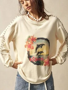 Bohemela 波西米亚风度假岛休闲海豚印花针织T恤女款 - 杏色 - 查看 5