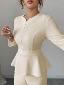 Elenzga Women's Fashion Commuter Elegant 3/4 Sleeve Cinched Waist Umbrella Hem Round Neck Cutout Collar Blouse Paired With Suit Pants, 2 Pieces Casual Outfit Set