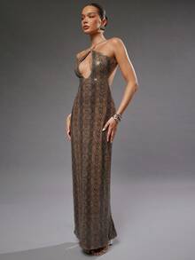 Hauture 女式性感蛇纹亮片镂空露背长款派对连衣裙，后开衩 - 咖啡棕 - 查看 5