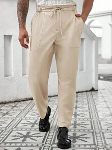 Manfinity Homme Pantaloni casual larghi da uomo taglia comoda, di colore unito con laccetto, versatili per l'uso quotidiano, adatti per l'autunno - Albicocca - Visualizzare 5