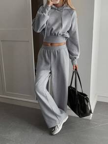 Livesso Women's Casual Hooded Top And Wide-Leg Pants 2 Pieces Set, Autumn Tracksuits Women Set - Grey - View 6