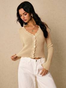 Poéselle Áo len dài tay đơn giản, tối giản, màu trơn dành cho nữ vào mùa thu/đông - Màu be - Xem 5