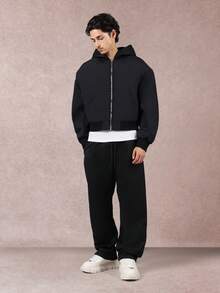 SUMWON 短款连帽飞行员夹克前拉链宽松冬季秋季街头风格休闲外套时尚个性单品都市设计日常穿着 - 黑色 - 查看 6