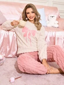 SHEIN SweetSlumber 蝴蝶结刺绣纹理抓绒柔软舒适女士蓬松睡衣套装，适合秋冬季节舒适保暖，冬季保暖蓬松睡衣，可爱睡衣，秋季服装 - 白色 - 查看 6