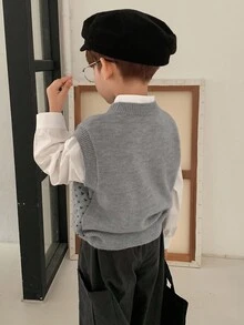 Hapijoa Young Boys Casual Patterned Jacquard Knit Sweater, Japanese Style, Autumn Vest - Grey - View 5