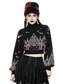 ROMWE Gothic Halloween Castle & Cross Pattern Women's Turtleneck Contrast Color Pullover Sweater - Black - View 7