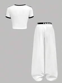 Girlism Tween Girls 运动街头服饰套装 - 复古美式撞色短袖 T 恤和休闲阔腿裤套装，返校装 - 黑與白 - 查看 2