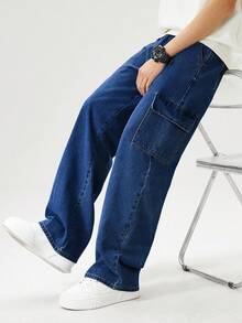 SHEIN Explorewe 青少年男孩户外休闲工装牛仔裤 - 深色水洗藍 - 查看 3