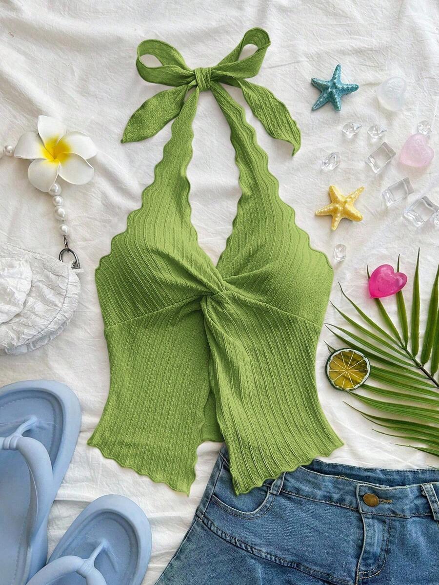 Soleia 时尚性感露背系带打结下摆开衩露背背心 - 綠色 - 查看 1