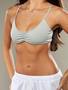 MISSGUIDED Ruched Scoop Neck Sports Bralette Removable Padded Wireless Yoga Ballet Training Low Impact Support Active Crop Top Crossback Adjustable Straps