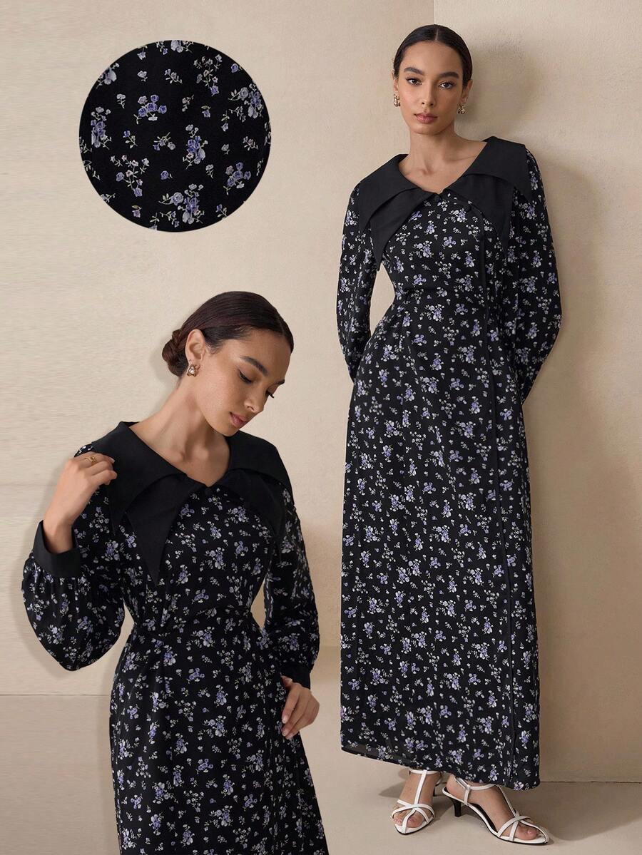 Graceveil 女式花卉印花长袖双领设计时尚连衣裙 - 黑色 - 查看 1